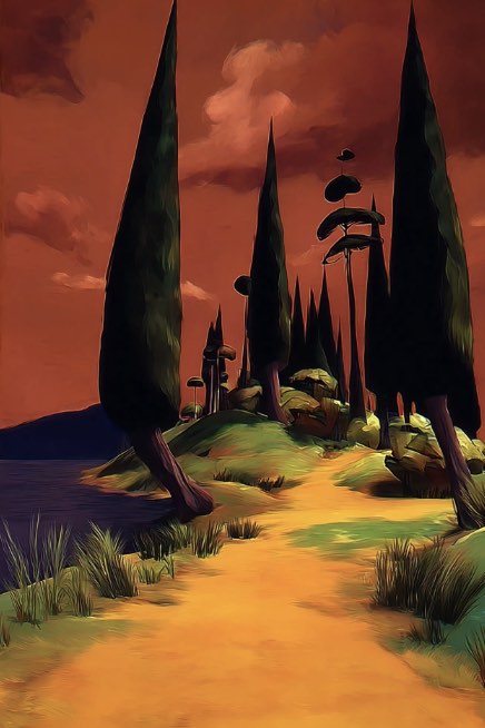 Painting of a path leaving through dark cypress trees
