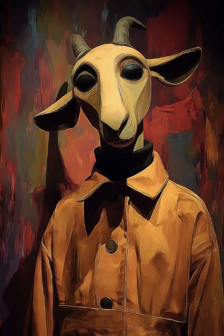 Painting of a goat-headed figure in a trenchcoat