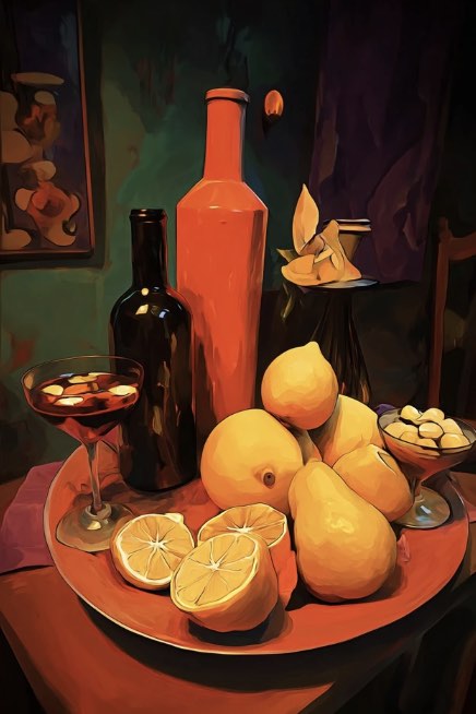 Still-life painting of lemons, a bottle and a glass