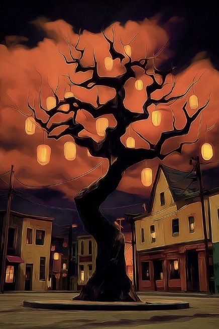Painting of a bare tree hung with glowing lanterns